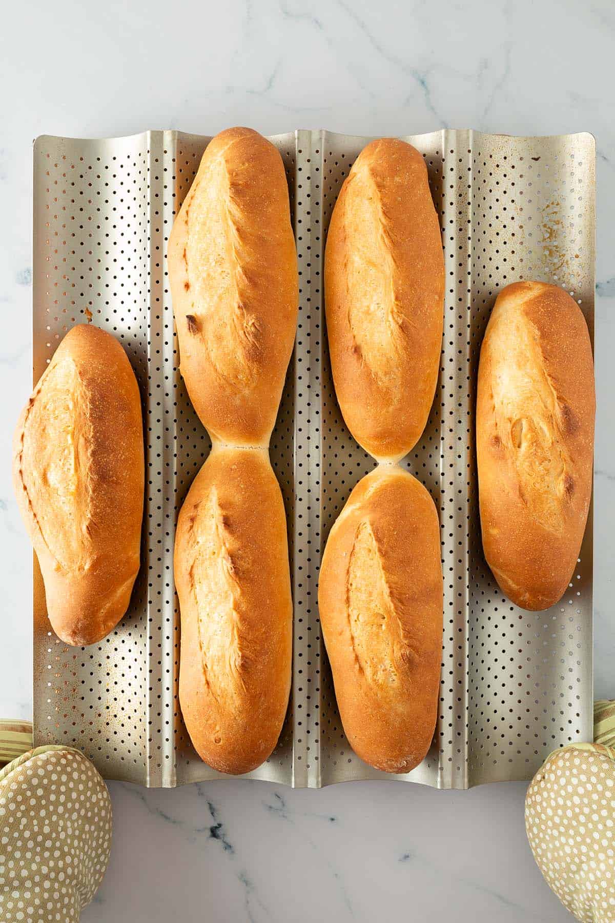 Sechs frisch gebackene Banh Mi Baguettes auf einem perforierten Baguetteblech, goldbraun und gleichmäßig gebacken.