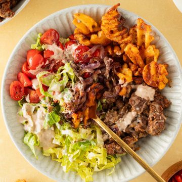 Big Mac Burger Bowl mit knusprigen Pommes, Hackfleisch, Tomaten, Salat und cremiger Burger Sauce als Dressing, Zutaten im Bildrand.