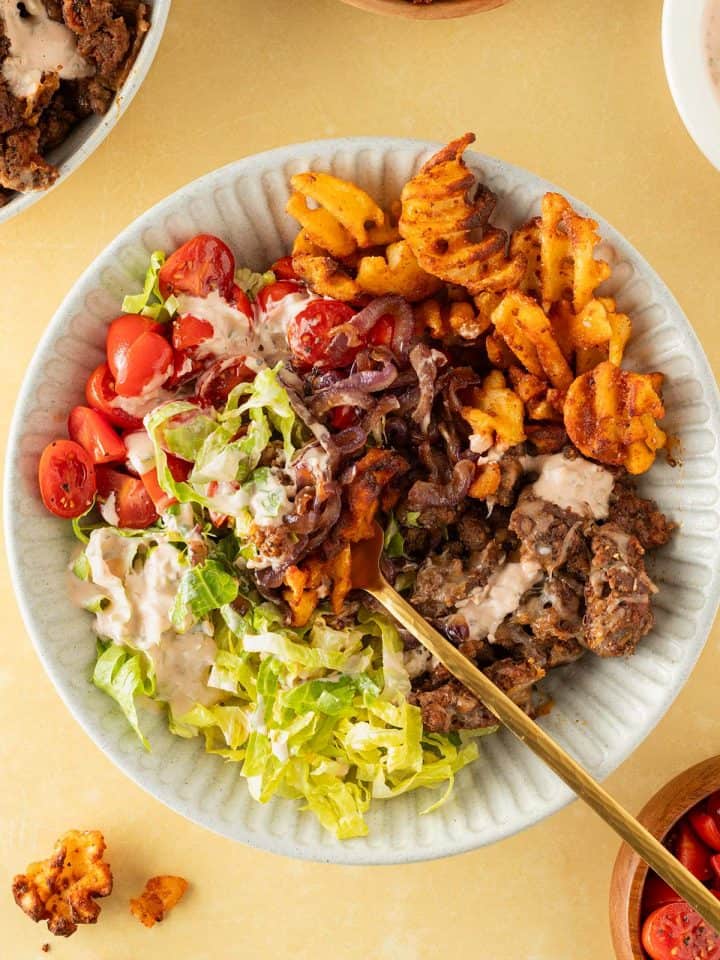 Big Mac Burger Bowl mit knusprigen Pommes, Hackfleisch, Tomaten, Salat und cremiger Burger Sauce als Dressing, Zutaten im Bildrand.