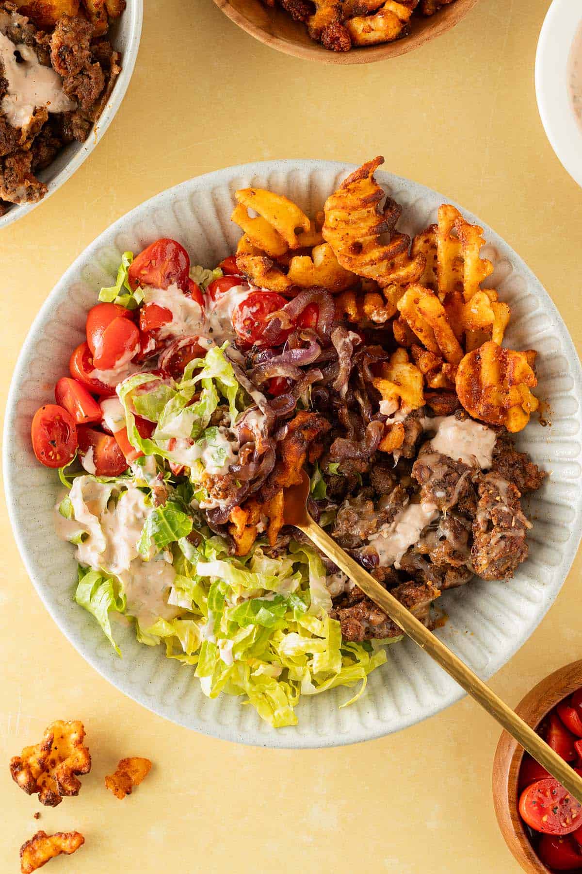 Big Mac Burger Bowl mit knusprigen Pommes, Hackfleisch, Tomaten, Salat und cremiger Burger Sauce als Dressing, Zutaten im Bildrand.