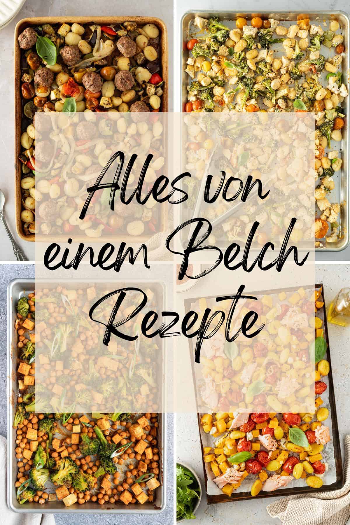 Collage aus vier Bildern von vier unterschiedlichen Ofengerichten vom Blech.