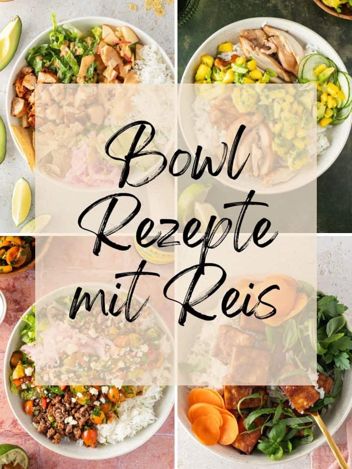 Collage aus vier Bildern von Bowl Rezepten mit Reis.