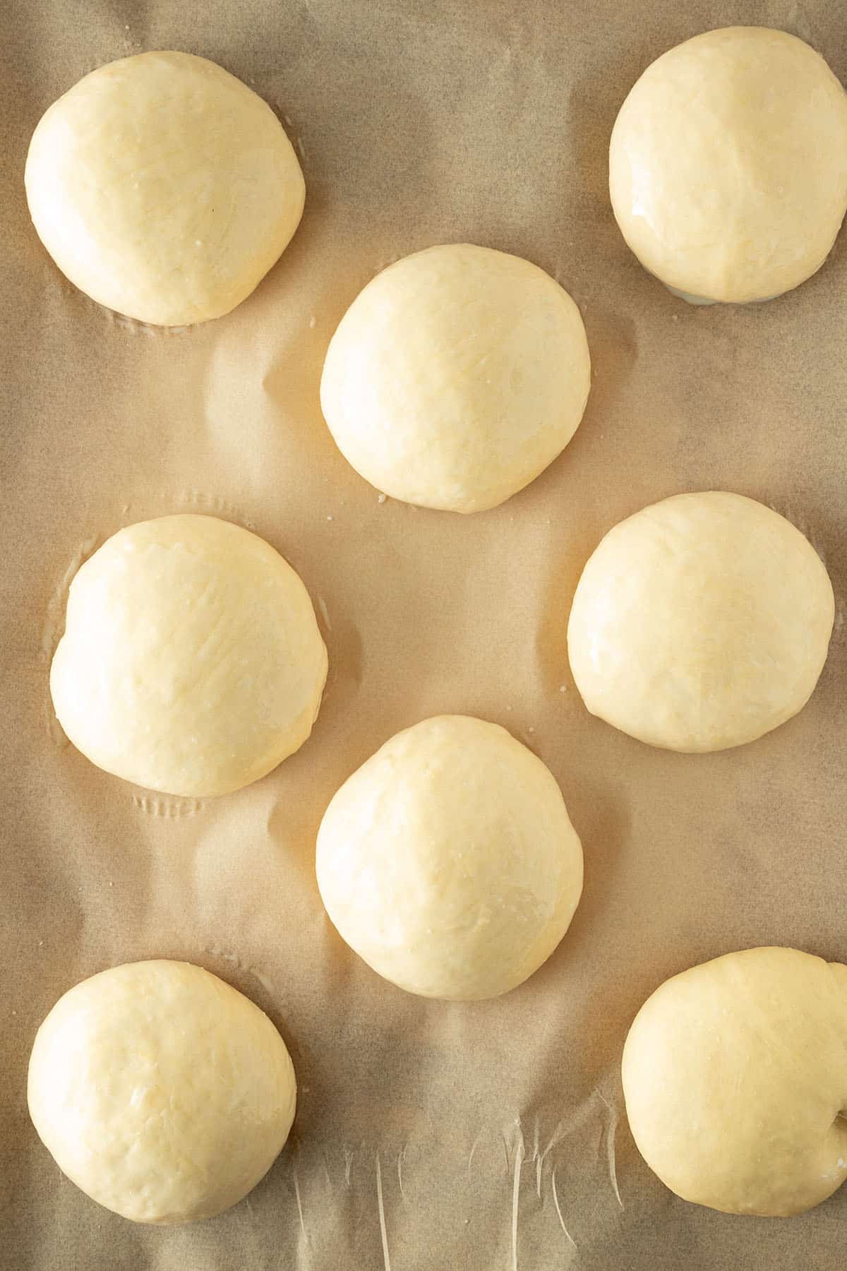 Geformte Brioche Burger Buns nach dem zweiten Gehen auf einem mit Backpapier ausgelegten Backblech vorm Backen.