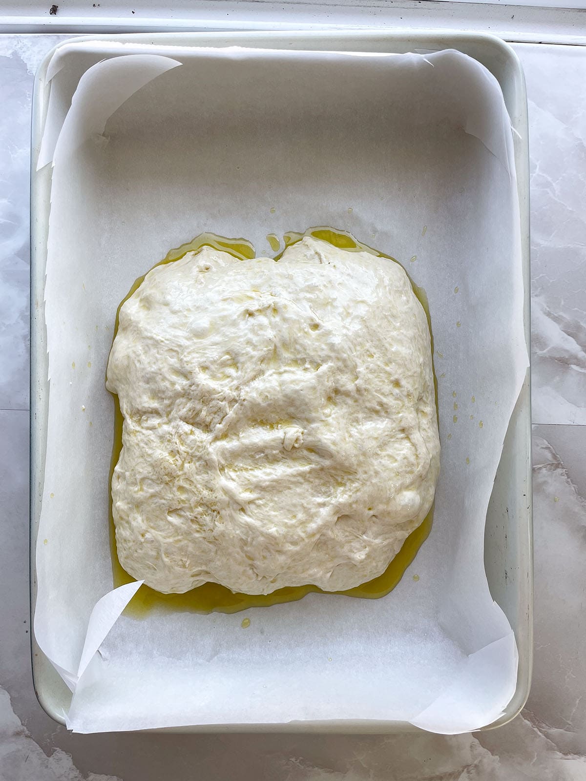 Focaccia-Teig auf Olivenöl in einer mit Backpapier ausgelegten Backform vor der zweiten Gehzeit.