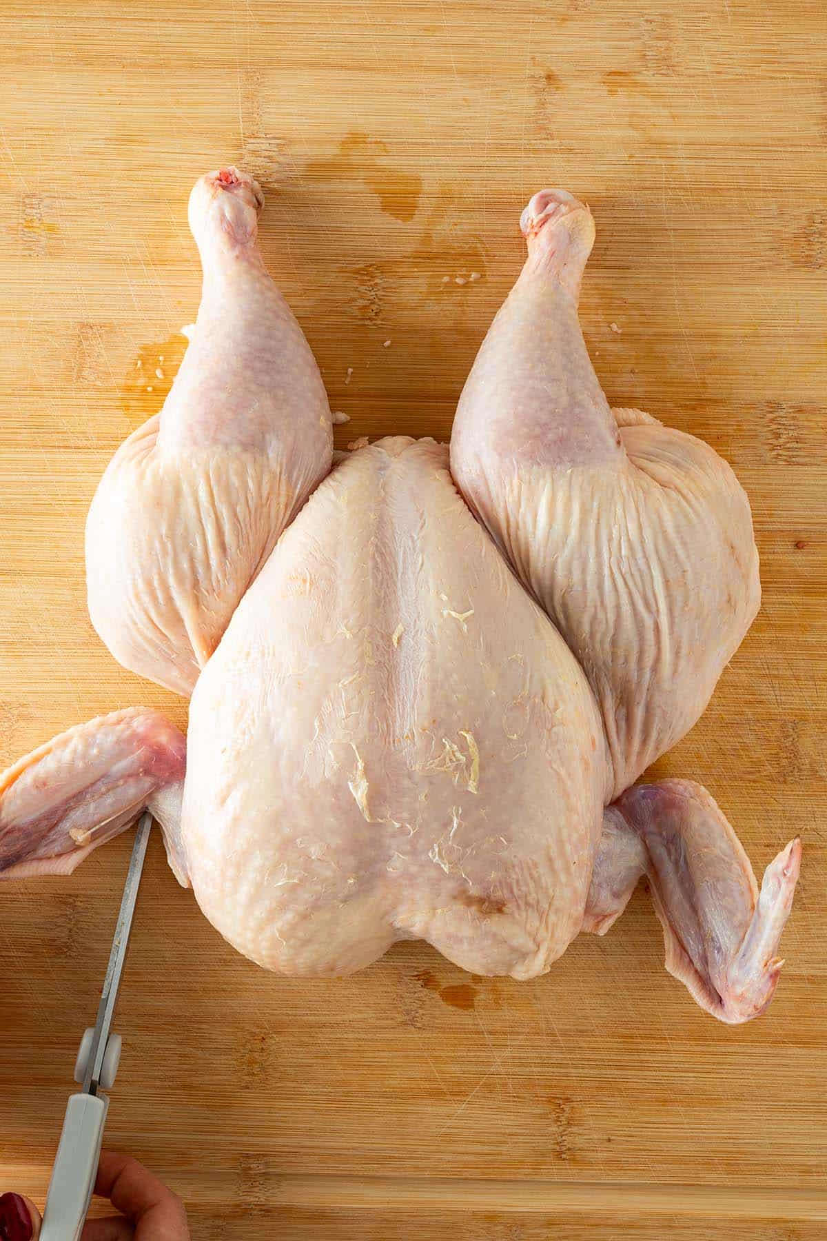 Ganze rohes Hähnchen auf einem Holzbrett, die Haut an den Flügeln wird mit einer Schere eingeschnitten.