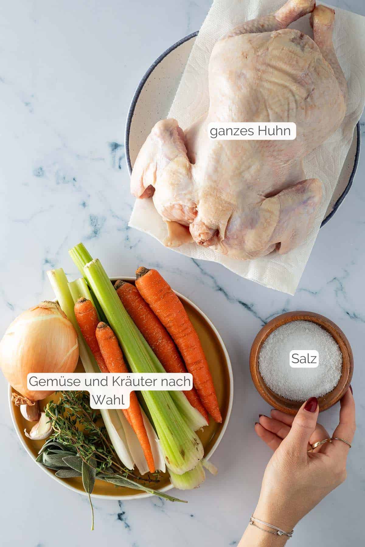 Alle Zutaten, die für ein ganzes Hähnchen aus dem Backofen benötigt werden, mit jeweiligen Textbeschriftungen.