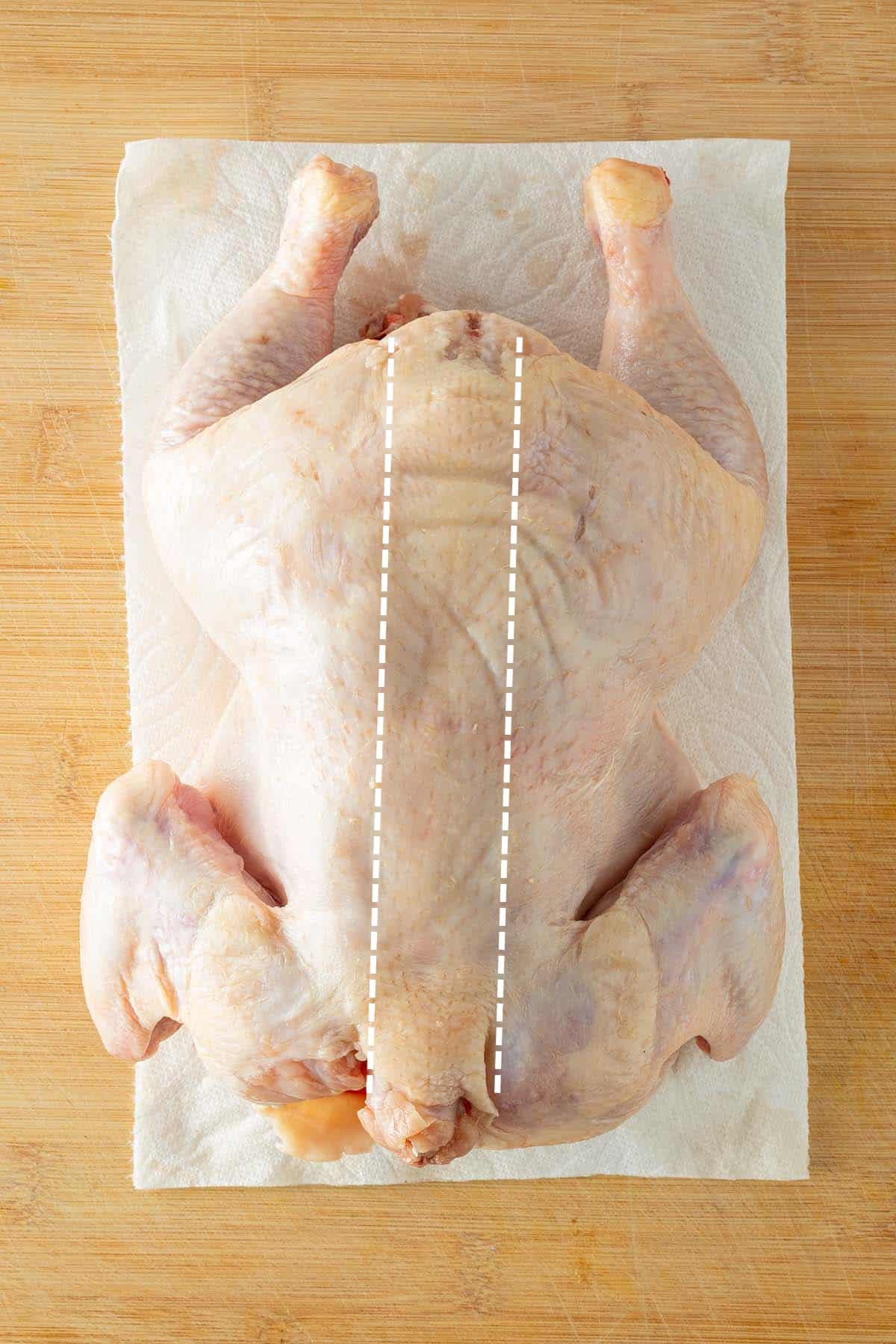 Rohes, ganzes Hähnchen auf einem Brett, mit markierten Linien zum Entfernen des Rückgrats.