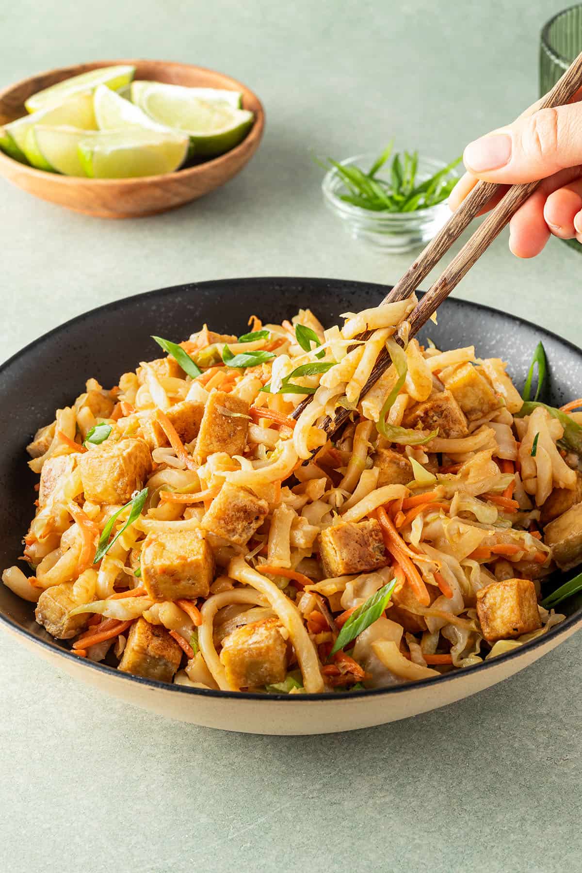 Jemand nimmt mit Essstäbchen einen Bissen gebratene Udon Nudeln in die Hand.