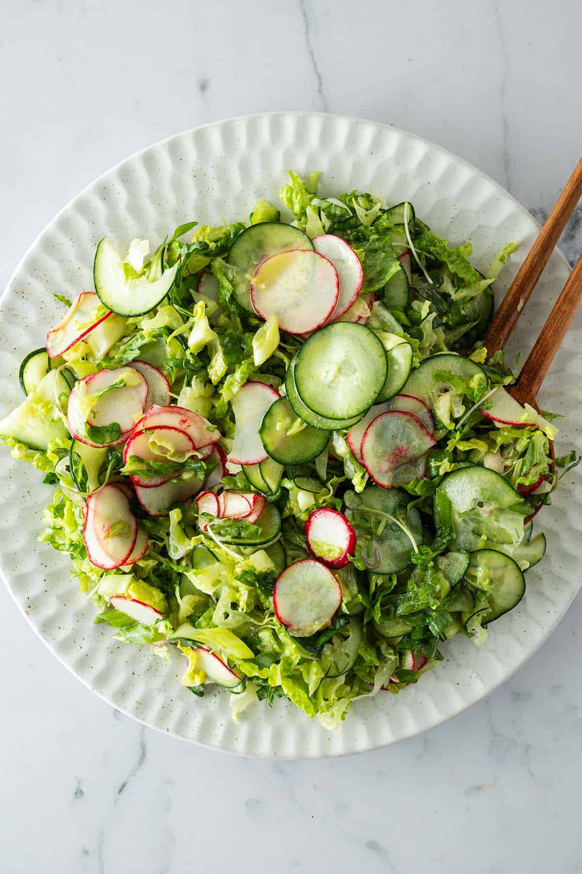 Ein gemischter Beilagensalat mit Radieschen, Gurken und Salat auf einem großen Teller.
