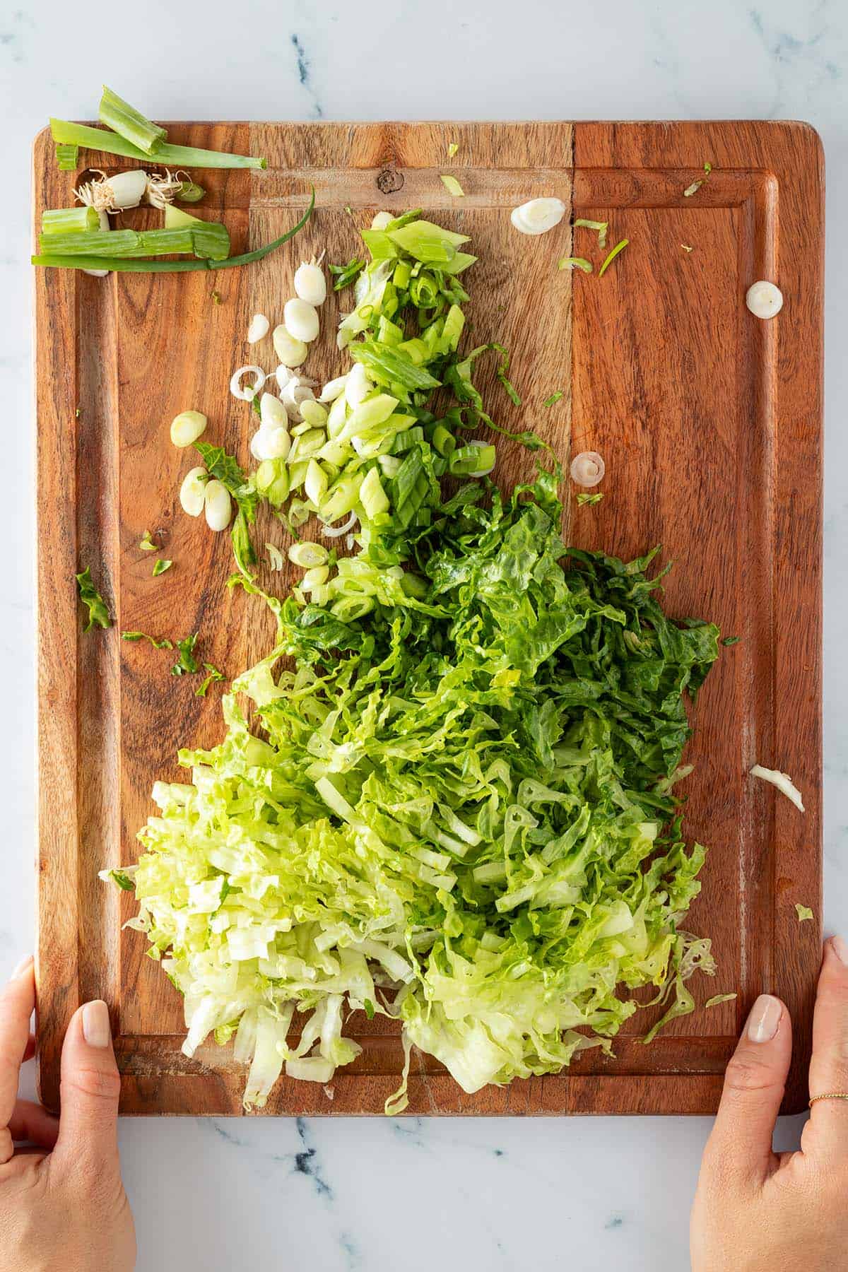 In feine Streifen geschnittener Salat und in dünne Ringe geschnittene Frühlingszwiebeln auf einem Holzbrett, gehalten von zwei Händen.