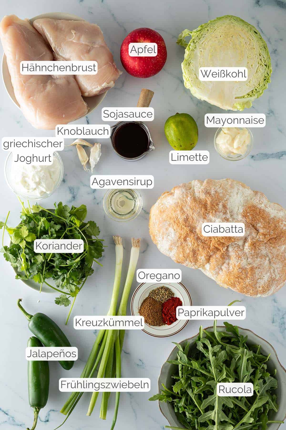 Alle Zutaten mit jeweiligen Textbeschriftungen, die f&uuml;r das H&auml;hnchen Sandwich mit Aji Verde ben&ouml;tigt werden.