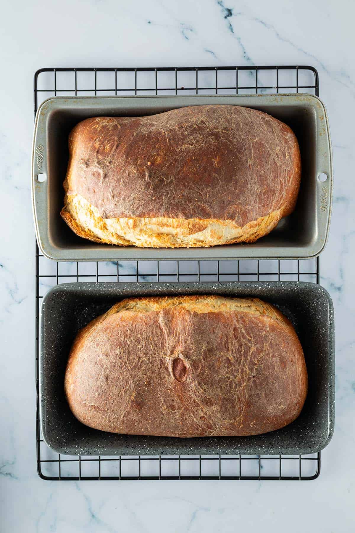 Zwei gebackene Toastbrote mit brauner Kruste in zwei kurzen Kastenformen, die auf einem Abk&uuml;hlgitter stehen.