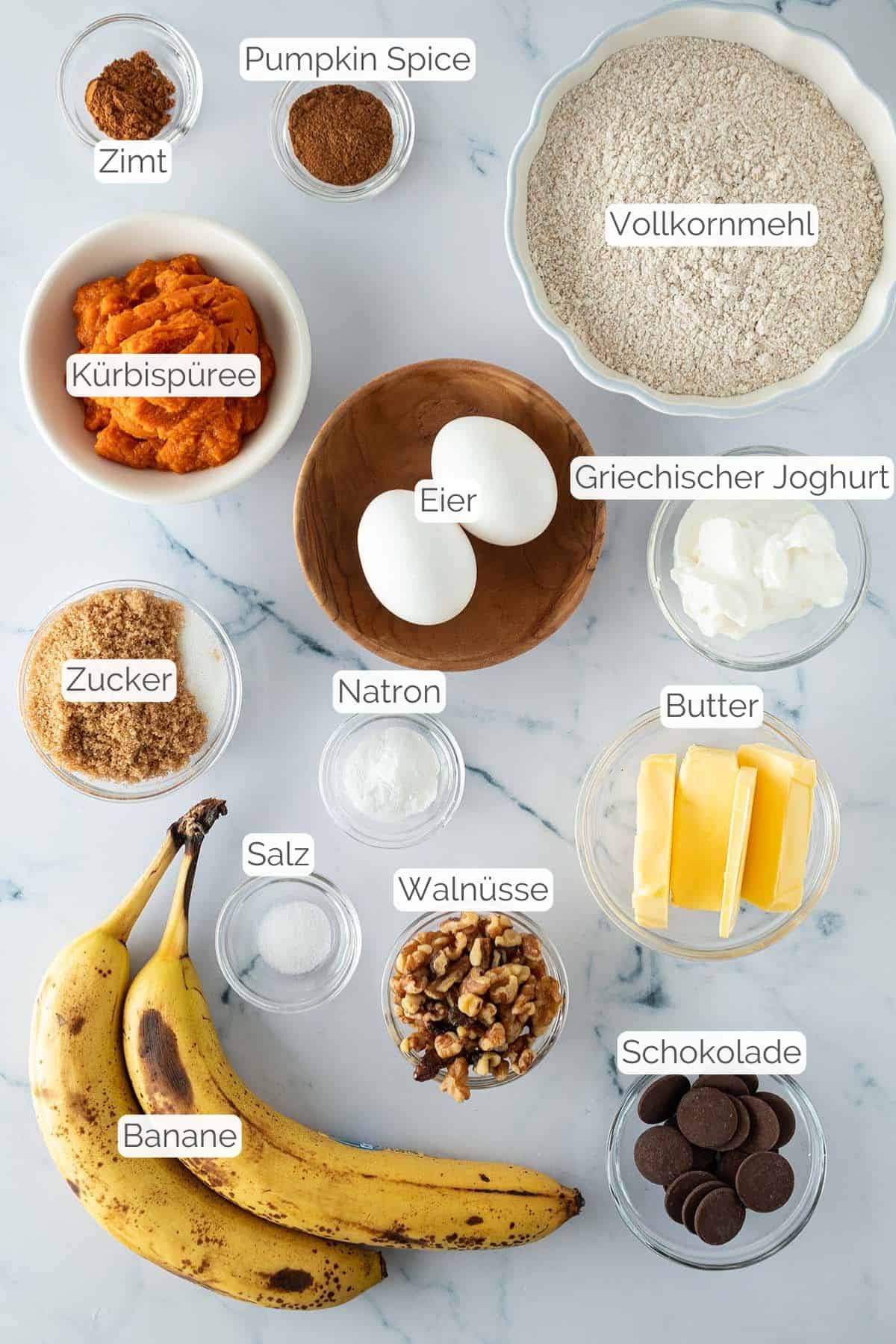 Alle Zutaten mit Textbeschriftungen, die für das Kürbis-Bananenbrot benötigt werden.