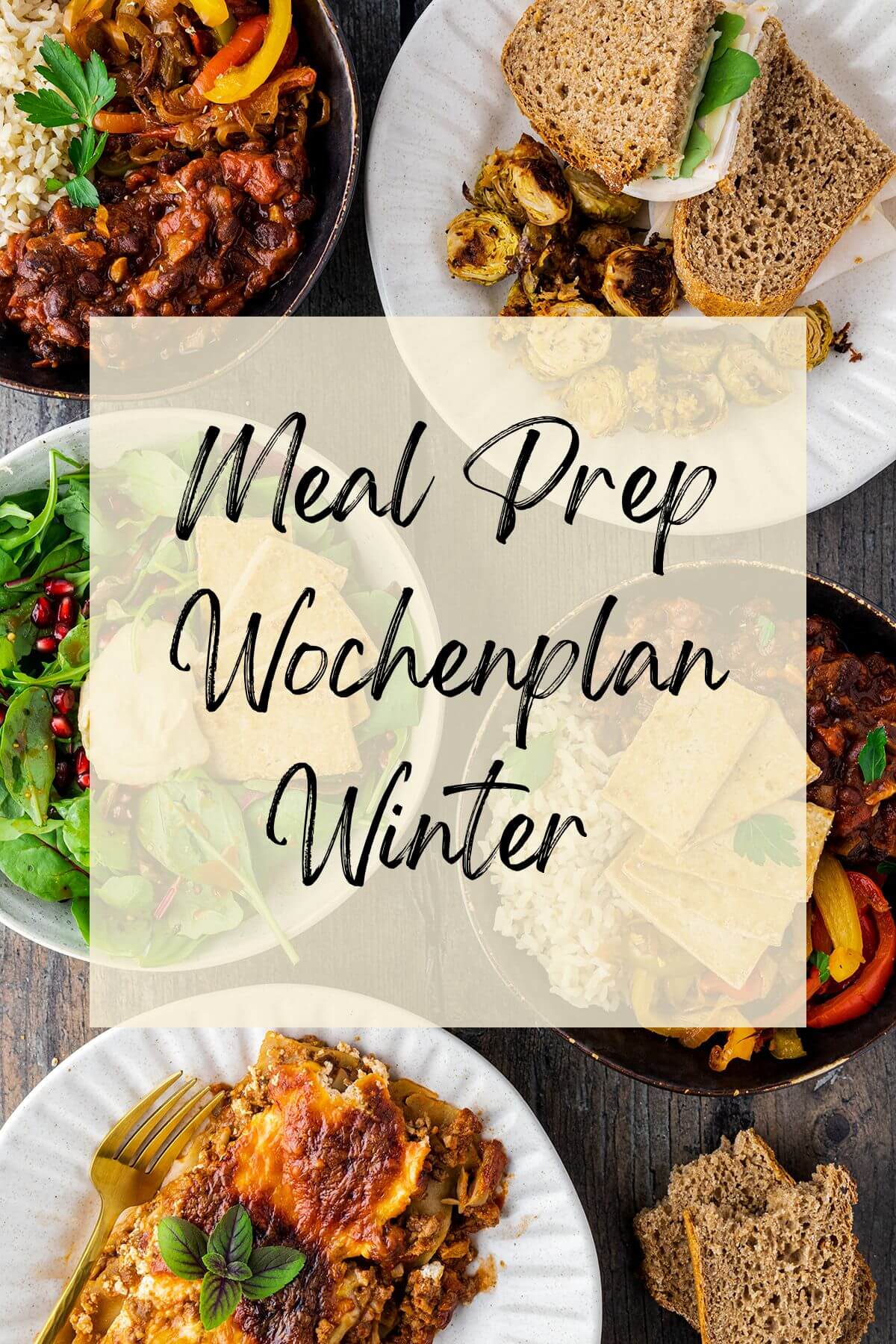 Mehrere Teller mit verschiedenen Gerichten und einem Textzug "Meal Prep Wochenplan Winter".