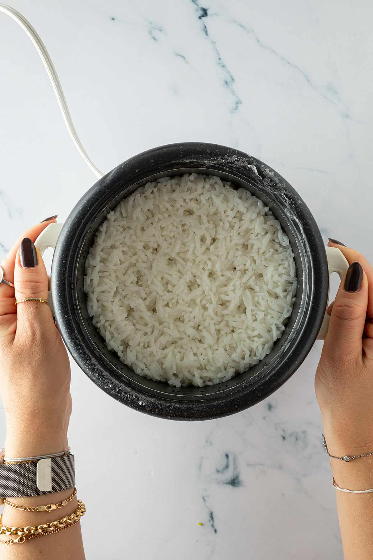 Frisch gekochter wei&szlig;er Reis in einem kleinen Reiskocher, gehalten von zwei H&auml;nden.