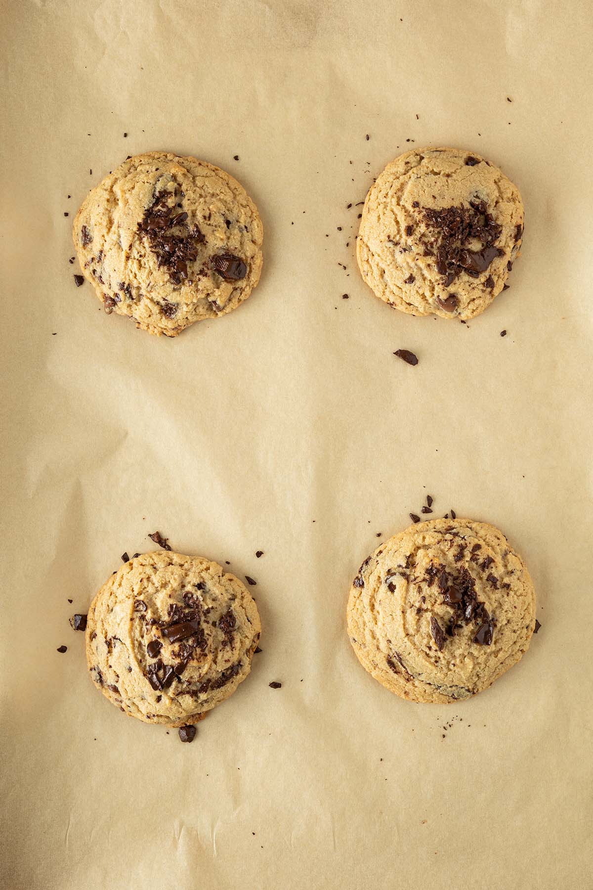 Vier gebackene Cookies mit leicht knusprigem Rand und weicher Mitte auf Backpapier direkt nach dem Backen.