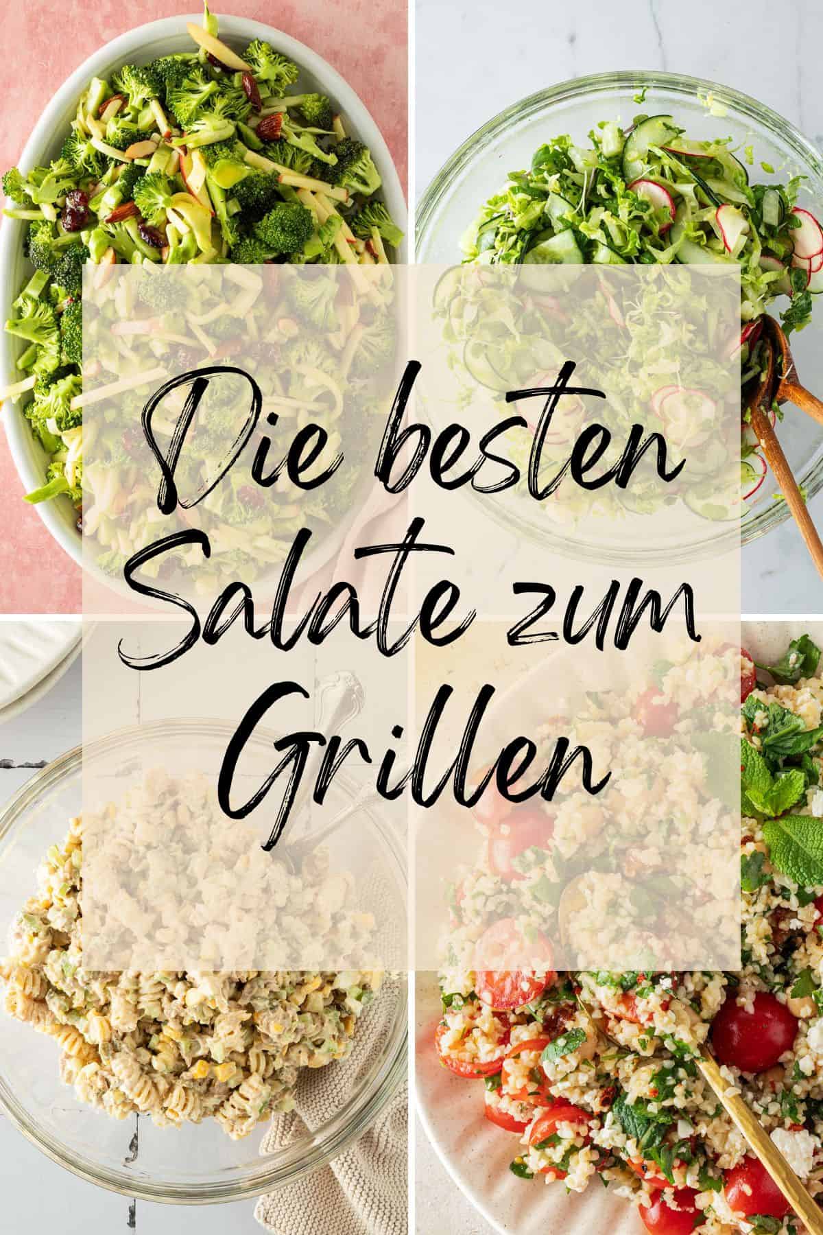 Collage aus vier Bildern von verschiedenen Grillsalaten, mit dem Textzug "Salate zum Grillen".
