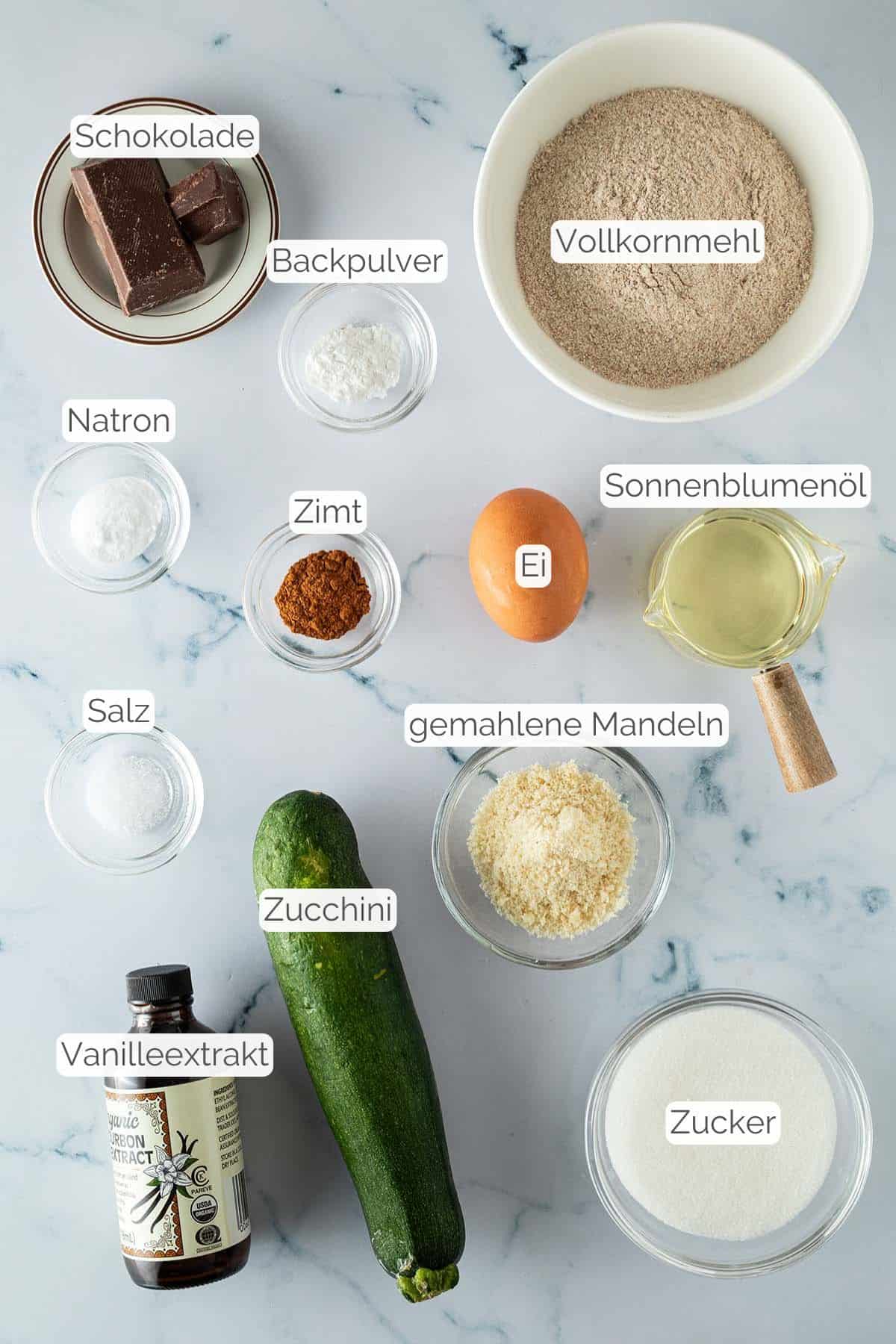 Alle Zutaten mit jeweiligen Textbeschriftungen, die für Schoko Zucchini Muffins benötigt werden.