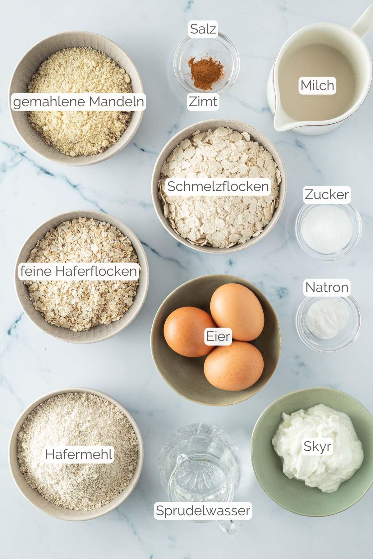 Alle Zutaten mit jeweiligen Textbeschriftungen, die für Skyr Pancakes benötigt werden.