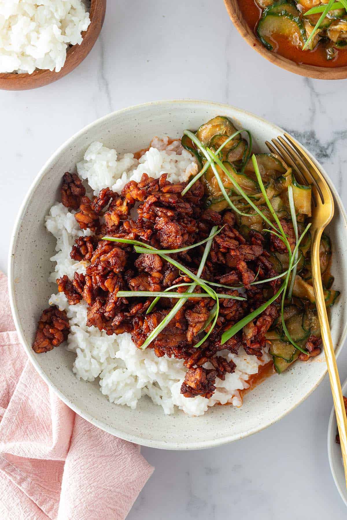 Bowl mit wei&szlig;em Kokosreis, knusprig gebratenem Sticky Tempeh und w&uuml;rzigem Gurkensalat, garniert mit Fr&uuml;hlingszwiebeln und serviert mit einer Gabel.