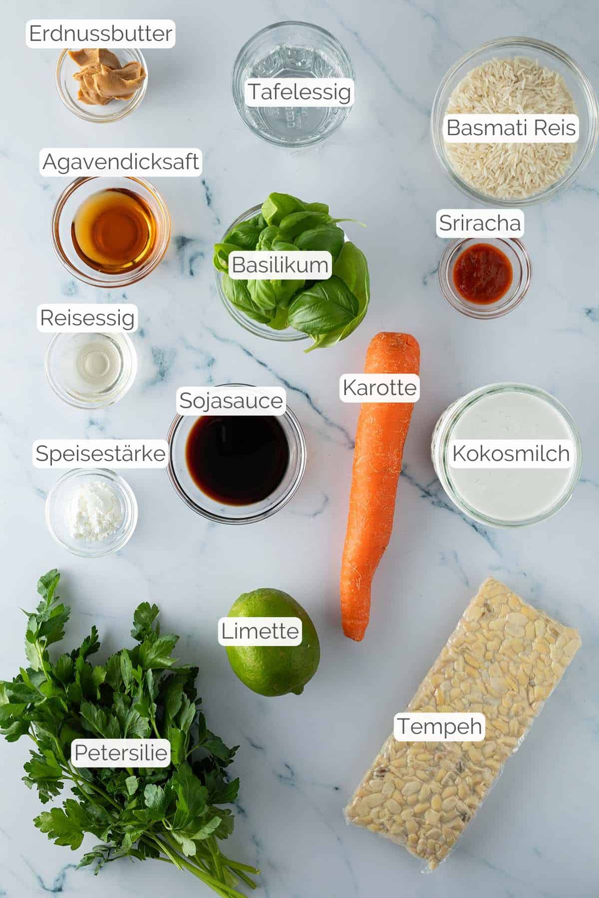 Alle Zutaten mit Textbeschreibungen, die für die Tempeh Bowl benötigt werden.