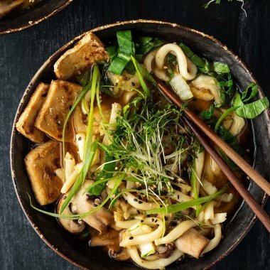 Eine Schüssel mit einer asiatischen Suppe mit dicken Udon Nudeln, Tofu, Pilzen und Grün auf einem dunklen Holztisch. Im Bildrand eine zweite Schüssel und eine Schüssel mit Kresse.